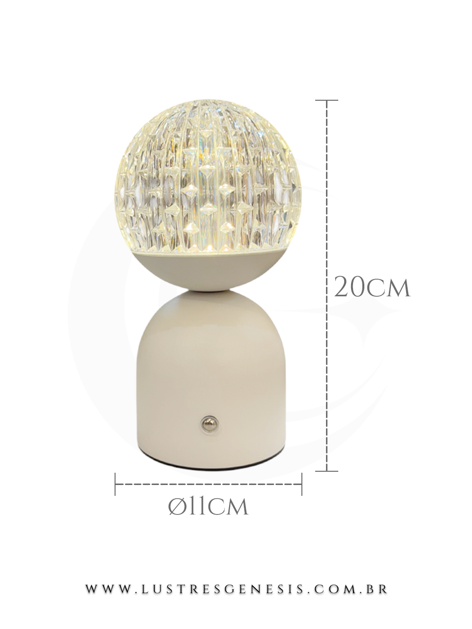Abajur sem fio Blow branco com cúpula arredondada translúcida e base lisa, exibindo medidas de 20 cm de altura e 11 cm de diâmetro. Ideal para decoração de mesa de cabeceira, cômoda ou canto de leitura.